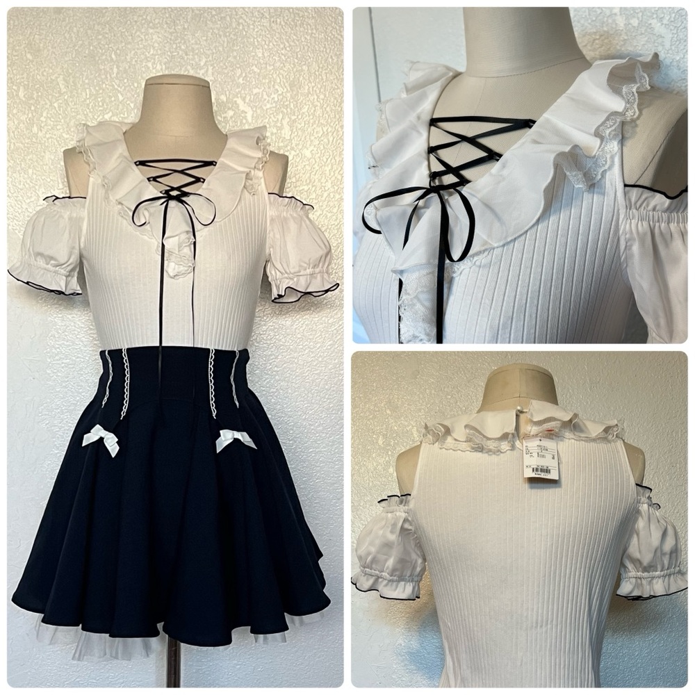 Secret Honey Lace Up Front Collar and Cold Shoulder Cotton Top in White